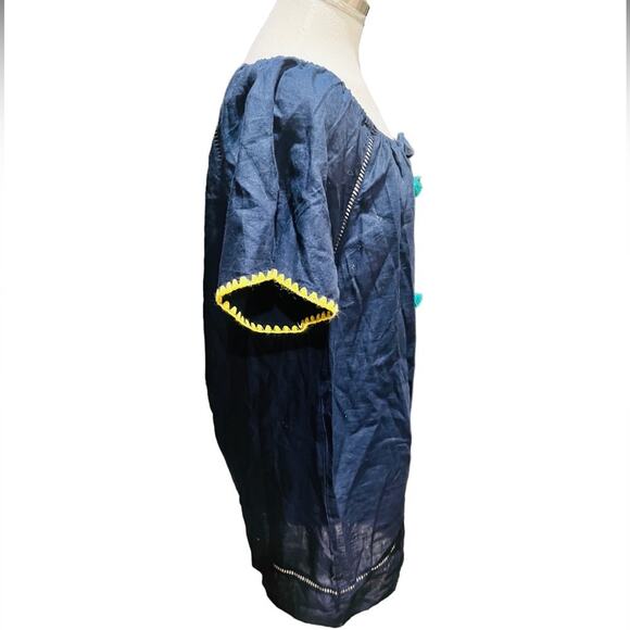 J. Crew Embroidered Linen Blend Cover Up Tunic with Pom Poms, Navy Blue Size M - Picture 5 of 8